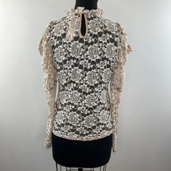 ANTHROPOLOGIE DOLAN Sheer Ivory Lace Puff Sleeve Mock Neck Blouse Top Size M NEW - Picture 8 of 13